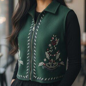 Vintage Paul Harris Design Wool Embroidered Green Vest Womens Large